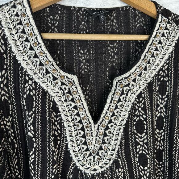 Lucky Brand Womens size 2X Embroidered Beaded Linen Geometric Boho Blouse - Picture 6 of 13